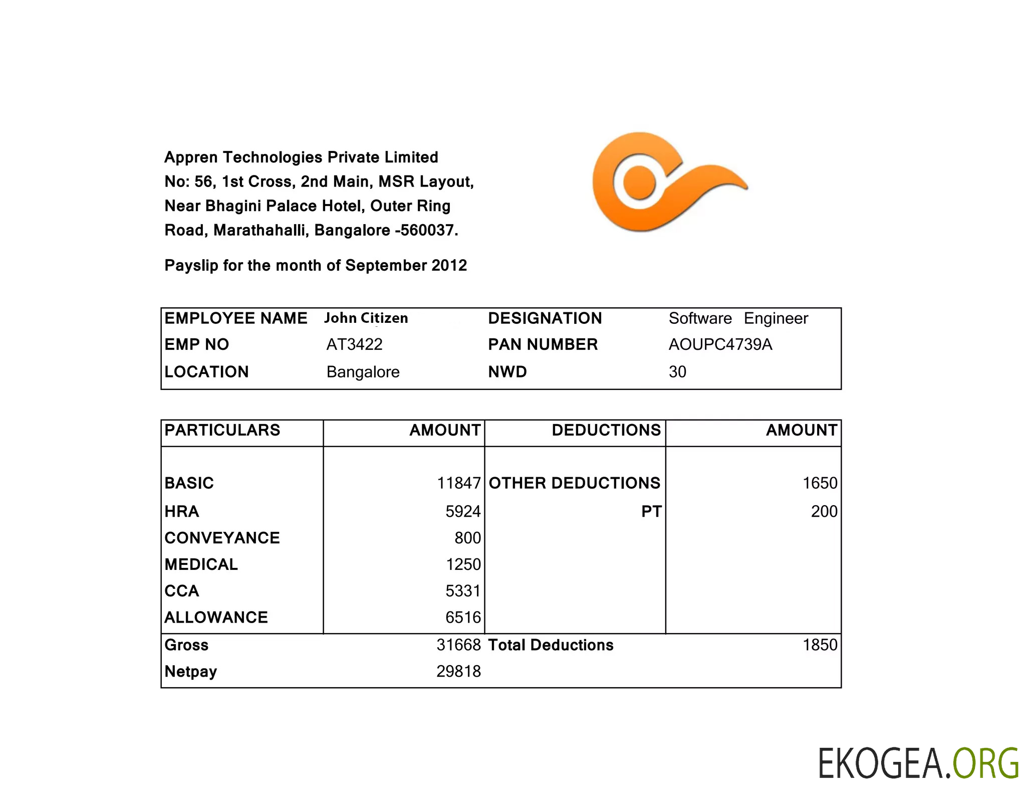 Fiche de paie INDIA APPREN Technologies Private Limited aux formats Word et PDF